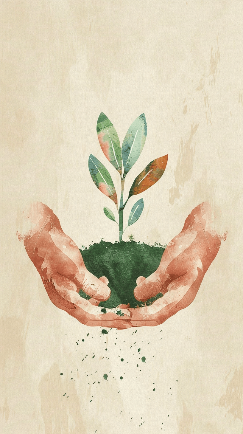 Illustration aquarelle mains tenant une plante symbolisant la croissance personnelle en Gestalt-thérapie