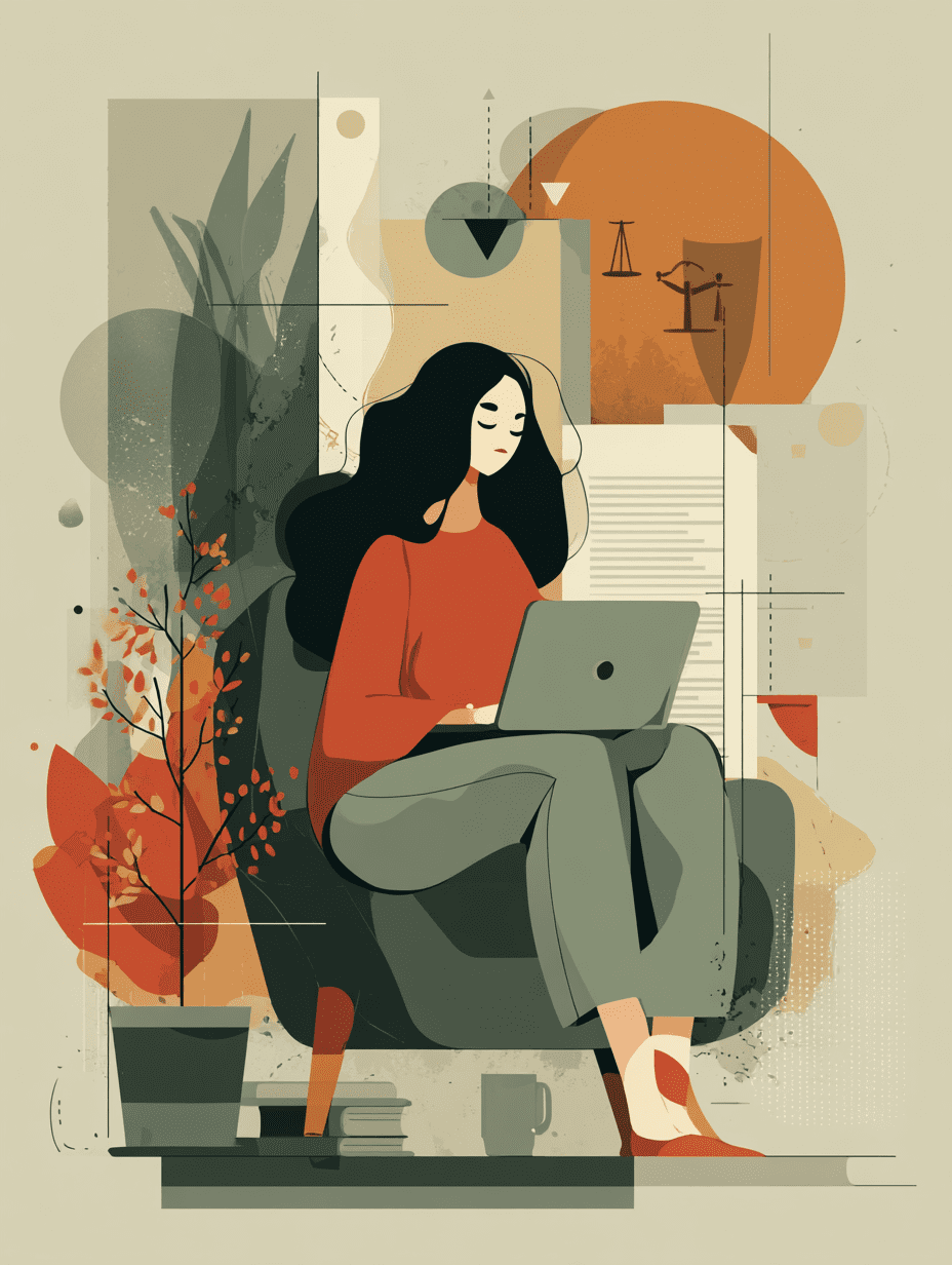papiti91_Minimalist_flat_illustration_of_person_reading_legal_5353b05c-e3aa-4815-8021-66048d3bd190_2 Illustration femme consultant conditions générales utilisation sur laptop Cabinet Sens Gestalt Gestalt-thérapie Marolles 91