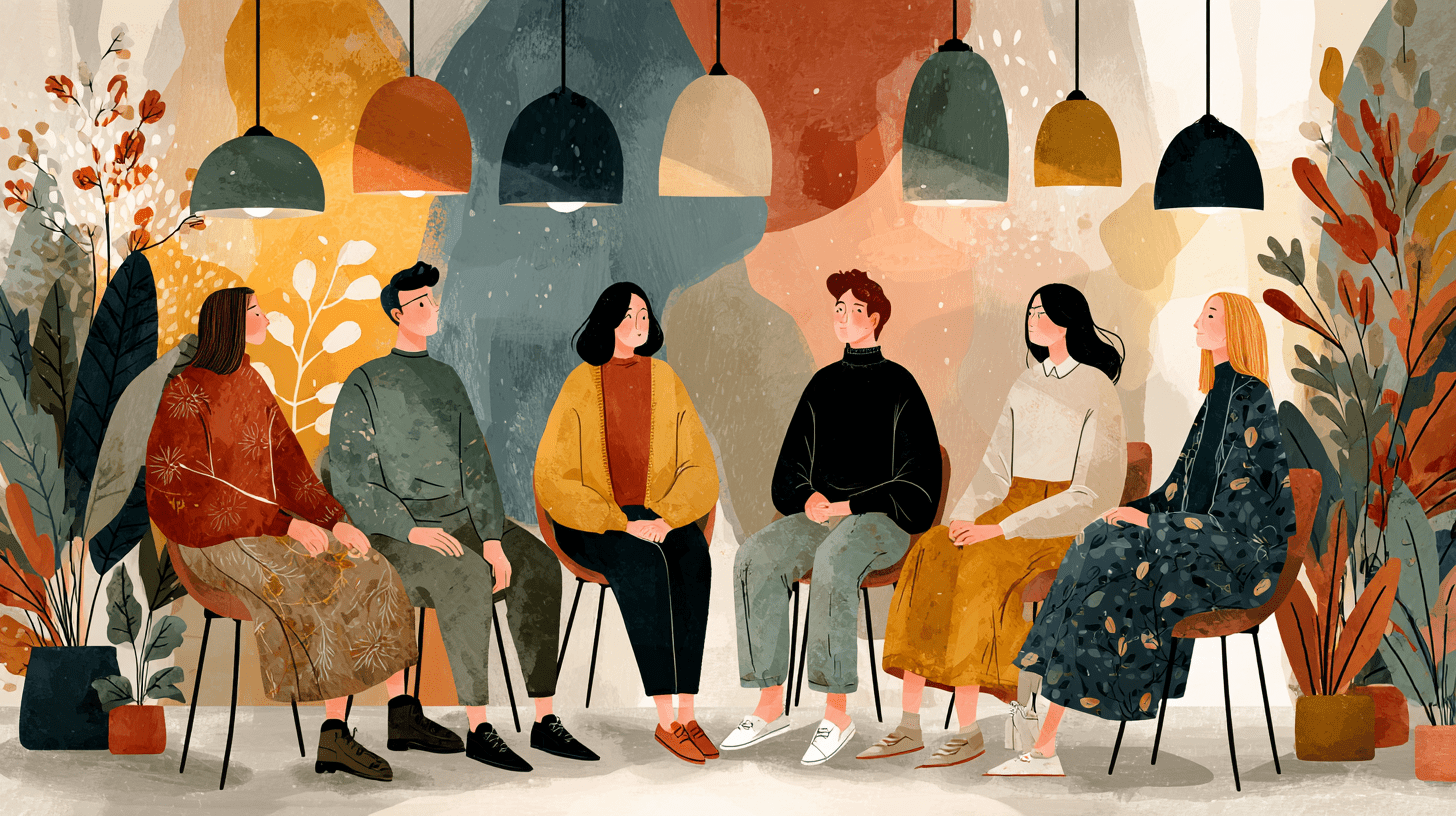 Illustration d'un groupe en mouvement expressif lors d'un atelier de Gestalt-thérapie - Cabinet Sens Gestalt