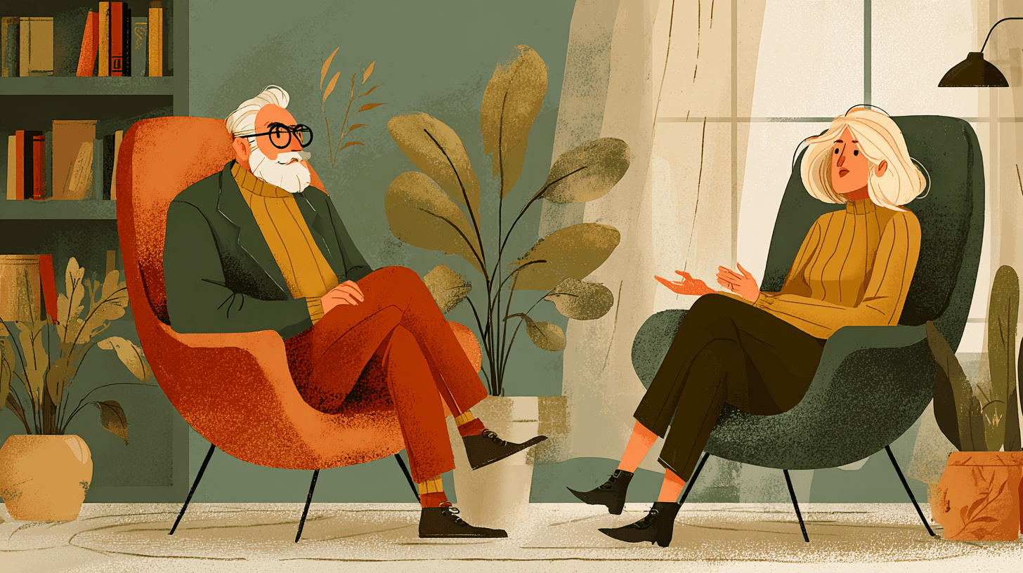 Illustration d'un groupe thérapeutique en cercle dans un espace chaleureux à Paris - Cabinet Sens Gestalt