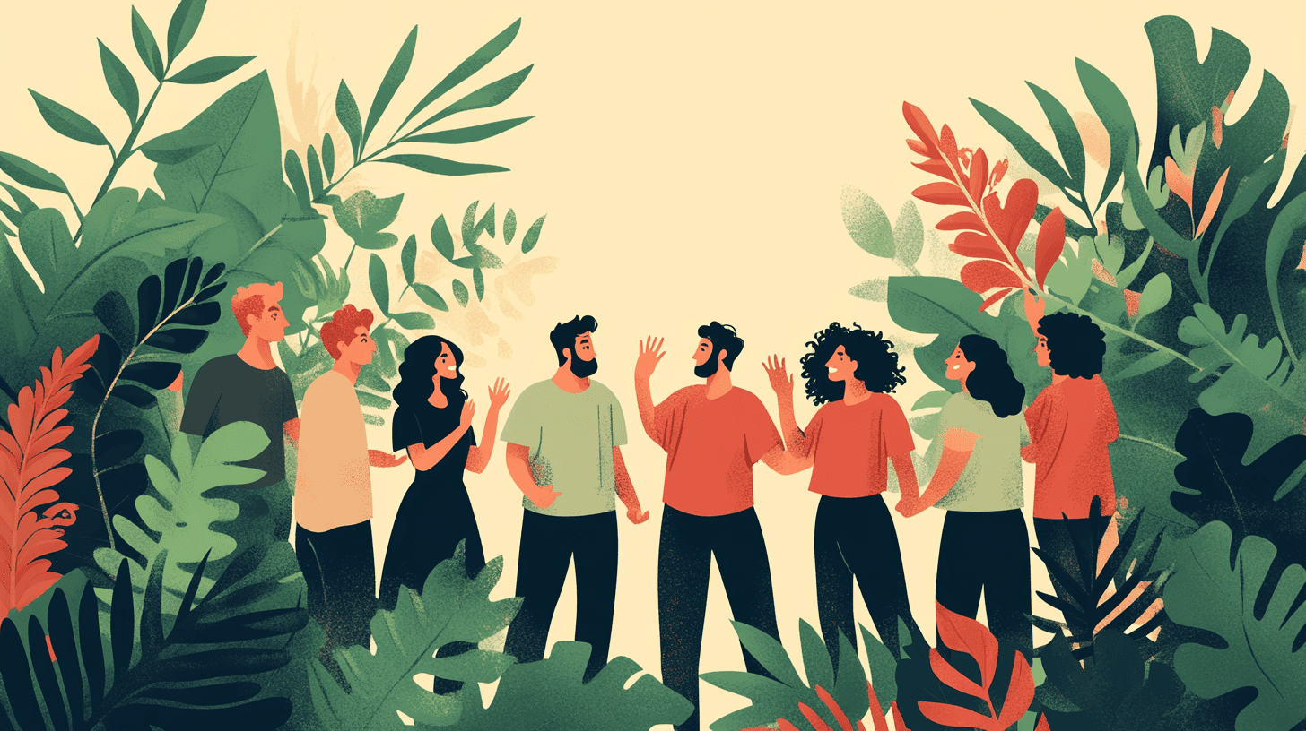 Illustration d'un groupe en mouvement expressif lors d'un atelier de Gestalt-thérapie - Cabinet Sens Gestalt