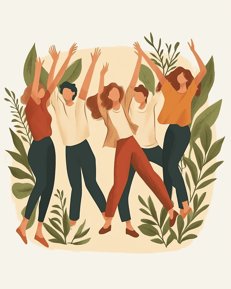 Illustration d'un groupe d'hommes et de femmes en mouvement lors d'un atelier de Gestalt-thérapie - Cabinet Sens Gestalt