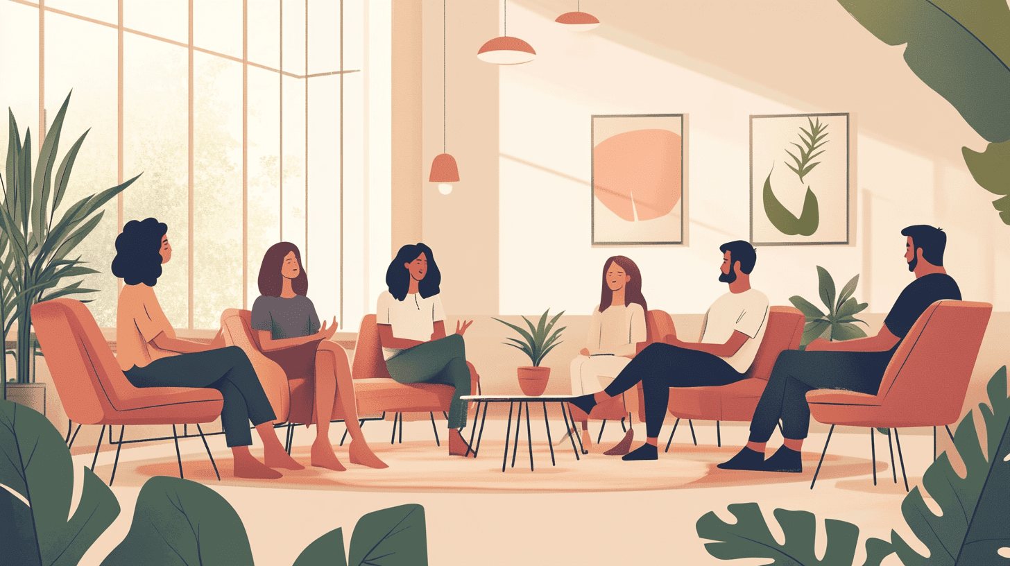 Illustration d'un groupe thérapeutique en cercle dans un espace chaleureux à Paris - Cabinet Sens Gestalt