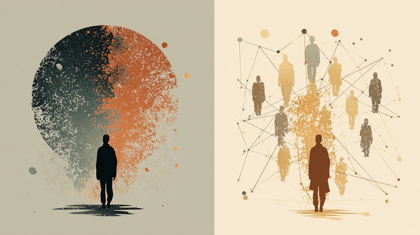 thérapie individuelle et groupe — introspection solitaire et constellation relationnelle illustration flat vector