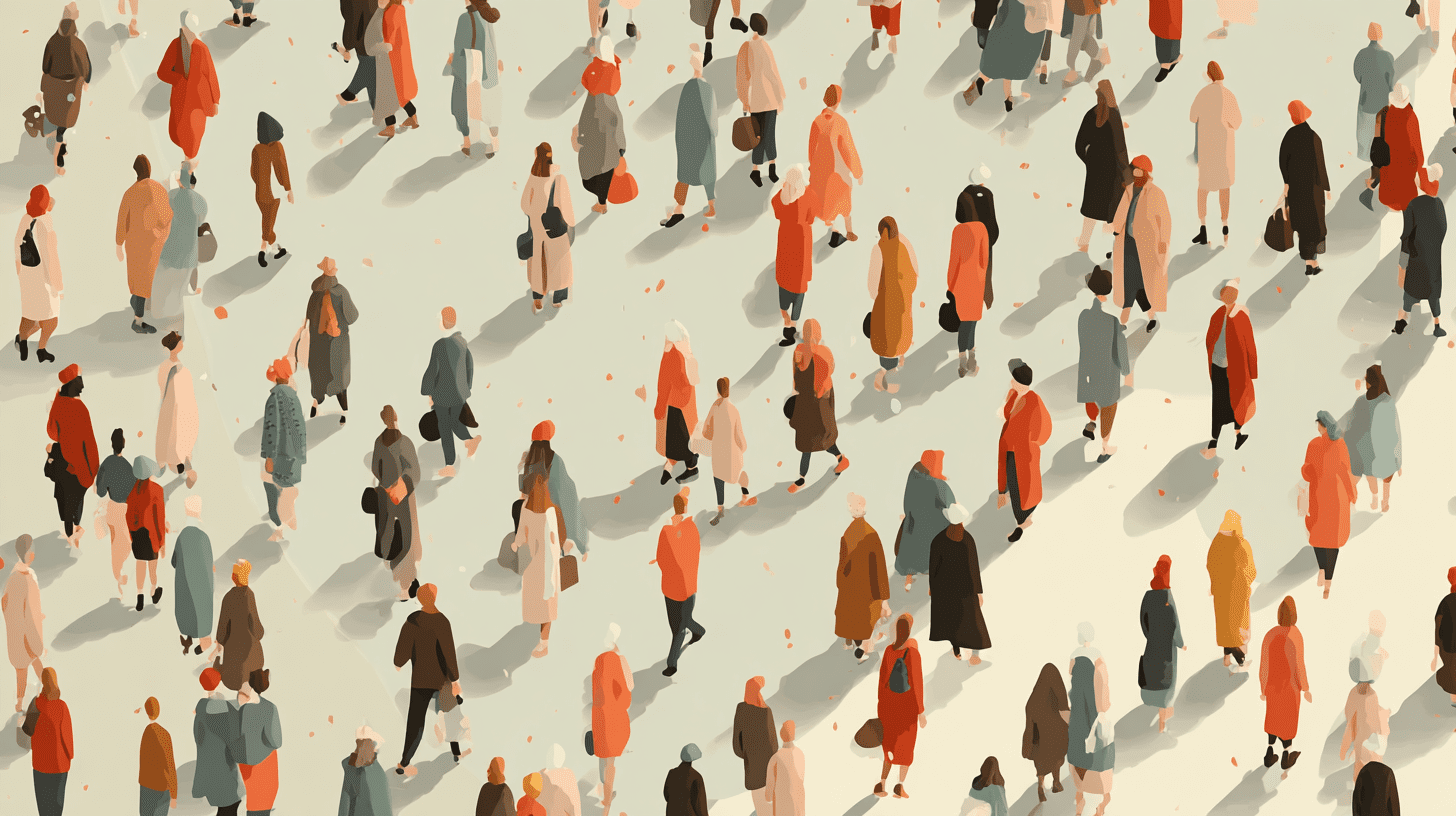 Illustration d'une foule de personnes marchant dans différentes directions — sentiment de tourner en rond avant de consulter un thérapeute
