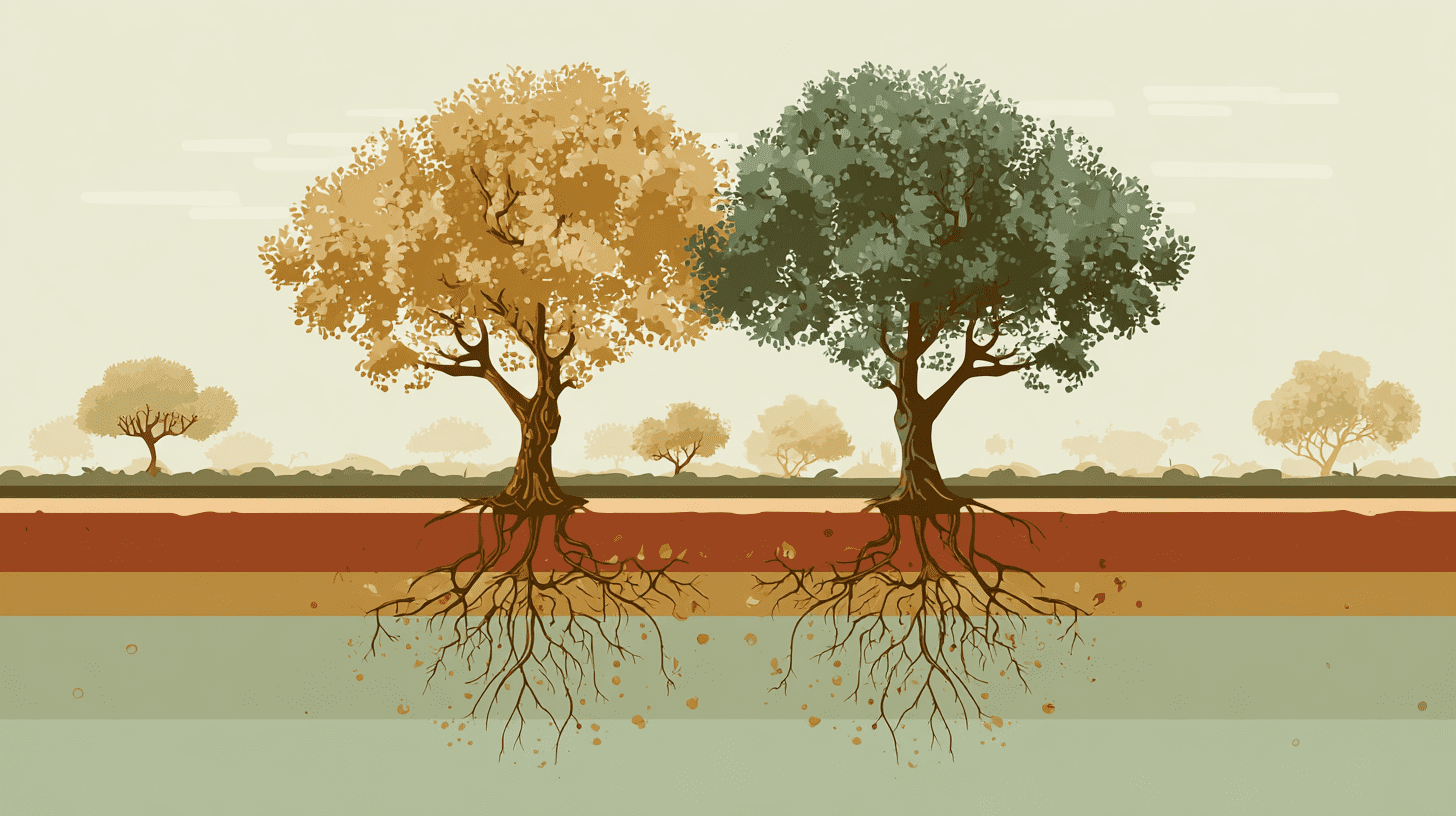 illustration deux arbres aux racines entrelacées — soutien mutuel et interdépendance, flat vector terracotta sauge
